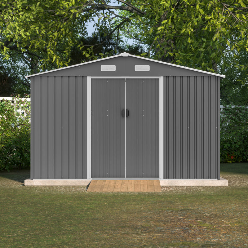 10X8 FT Outdoor Storage Shed,  Metal Foundation & Lockable Doors, Tool Shed For Garden, Patio, Backyard, Lawn, Gray