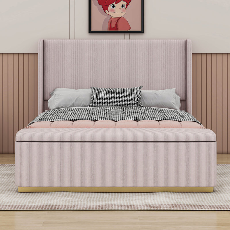 Structure de lit tapissier en velours côtelé grand format avec repose-pieds avec rangement, tête de lit à oreilles et pied de lit à rayures verticales