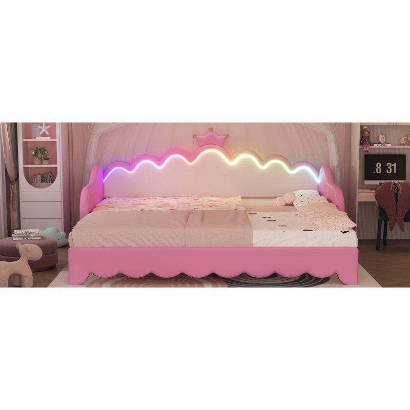 Lit de jour simple à rallonge avec lumières DEL, lit de jour rembourré princesse moderne avec tête de lit couronne, rose