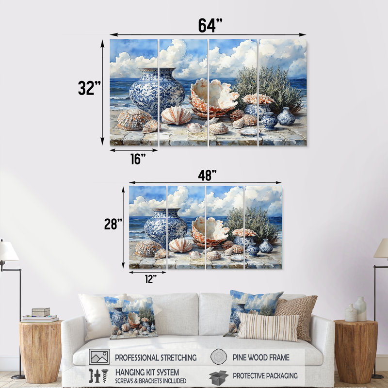 Beach Pottery in Blue and White Tons VII - ensemble d'art mural de poterie de plage, H 32 po x l 64 po