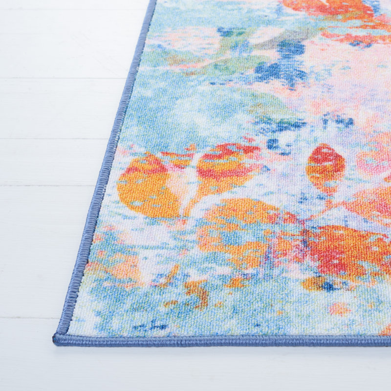 Blush Pink and Green Floral Washable Synthetic Rug
