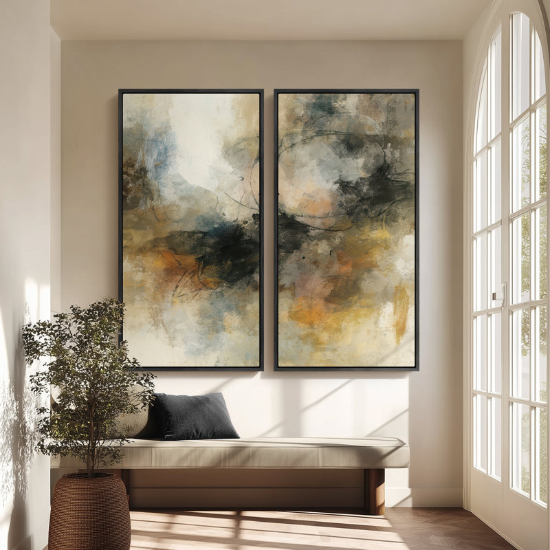 Neutral Earth Tone Abstract Composition Wall Art for Office – Set of 2 Framed Wall Art Print on Canvas 60"x20"x2, 60"x30"x2