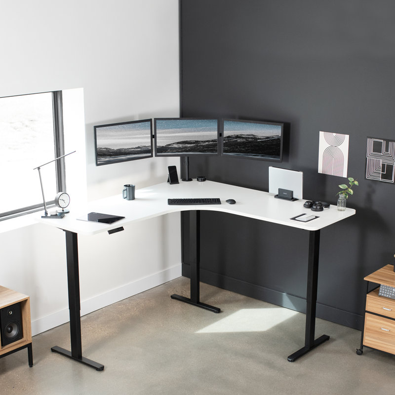 VIVO Electric 71" x 71" Curved Corner Stand Up Desk (E3CB2 Series), White/Black
