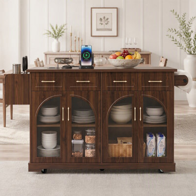 Kitchen Island with Storage  Drop Leaf, Rolling Cart on Wheels, Power Outlet, 4 Drawers, Spice Rack