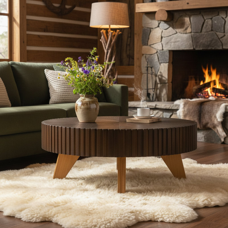 Table basse ronde 35,4 po, Dessus brun/Base naturelle