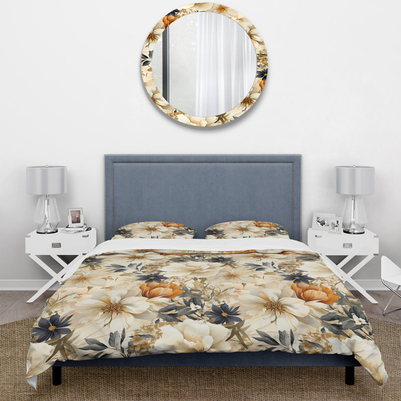 Literie antique avec pivoines beiges et bleues II, Housse de couette simple + 1 taie décorative stan