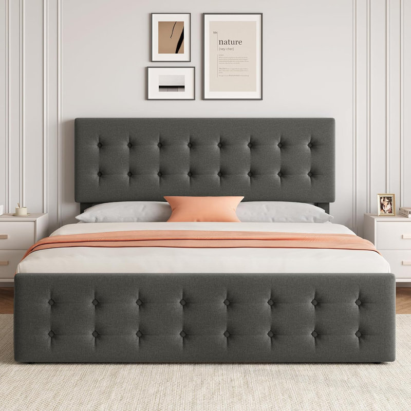 Bed Frame with Adjustable Headboard, Light Gray, Full