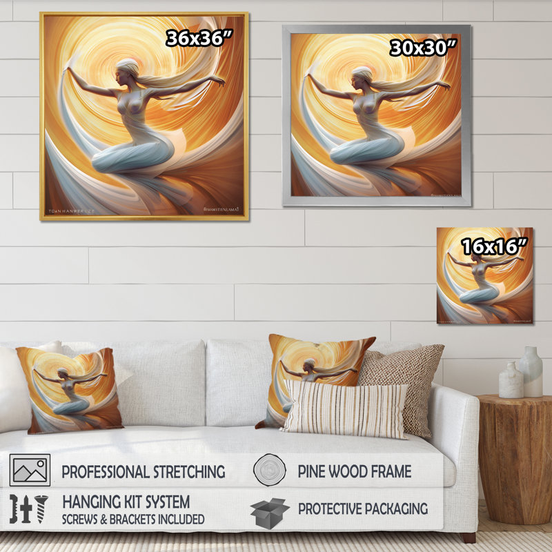 Déesse qui danse dans la lumière, 36" H x 36" W, Cadre flottant doré