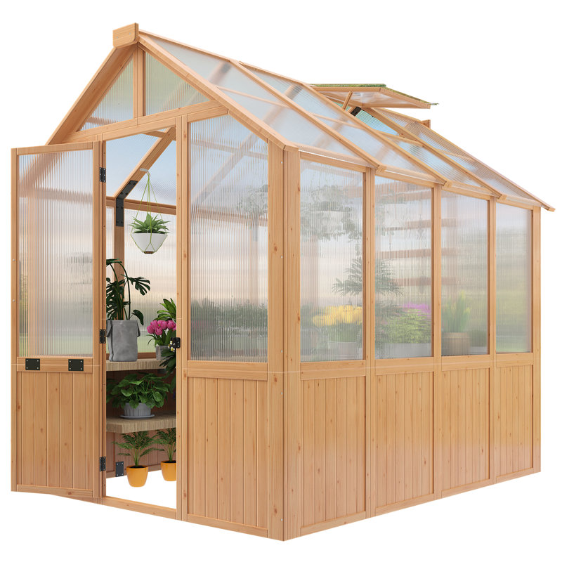 6' x 8' Wooden Walk-in Greenhouse Kit, Outdoor Greenhouse with 4mm Polycarbonate Panels, Adjustable Roof Vent & Lockable Door, Backyard Garden Greenhouse