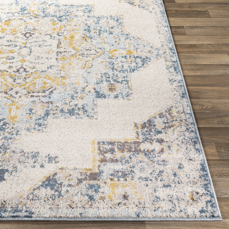 Ice Blue and Mustard Distressed Square Area Rug