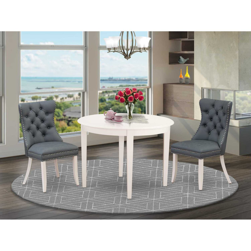 3-Piece Linen White Finish Round Solid Wood Top Dining Table Set, Gray