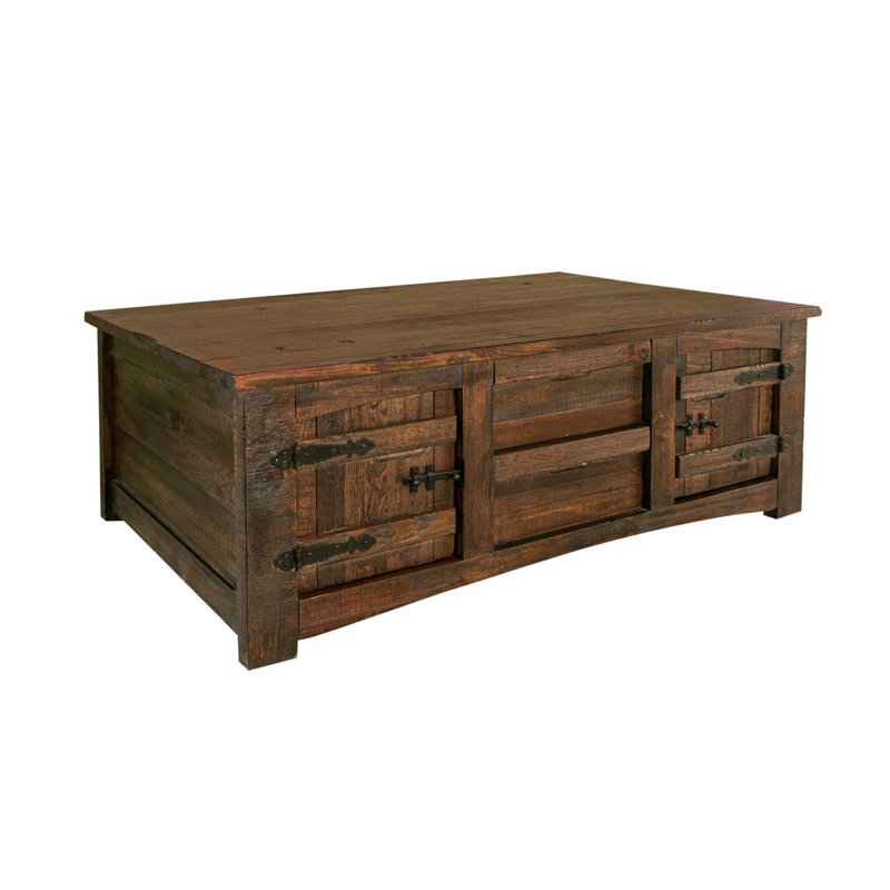 Rustic Deep Brown Pine Wood Cocktail Table with Storage