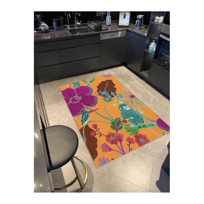 Tapis lavable décoratif à motif floral orange et orange, Sous-tapis rectangulaire de 3 pi 3 po x 4 pi 11 po