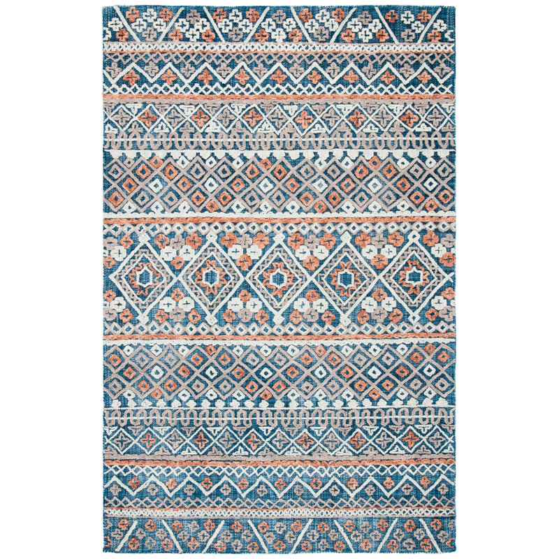 Hand Tufted Wool/Cotton Geometric Rug in Orange/Blue, Rectangle 2' x 3'