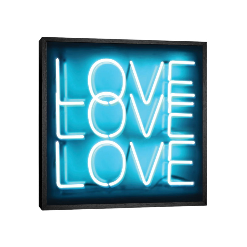 Neon Love Love Love Aqua On Black by Hailey Carr - Print on Canvas, 93.98 cm H x 93.98 cm W, Black Framed