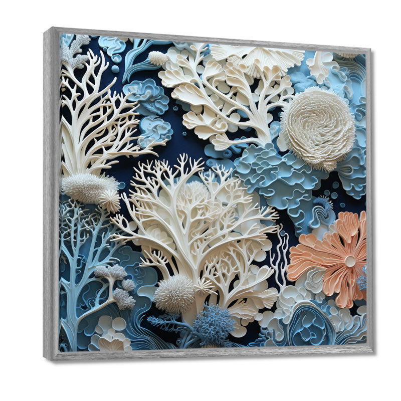 Under Water Blue and White Corals Collage I - Coastal, reproduction sur toile encadrée, H 16 po x l 16 po x P 1 po