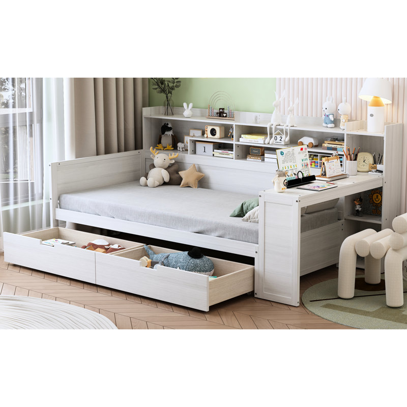 Lit de jour en bois blanc antique avec rangement efficace et bureau, Blanc antique