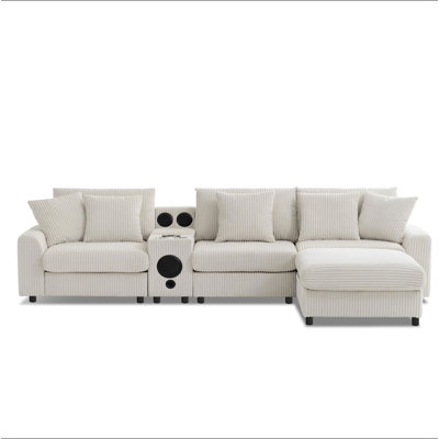 Canapé d'angle en velours côtelé 112 x 64 pouces avec haut-parleurs Bluetooth, canapé en L avec console, chargeur USB, porte-gobelets, rangement, pouf, assise profonde et large, canapé infonuagique pour salon et appartement