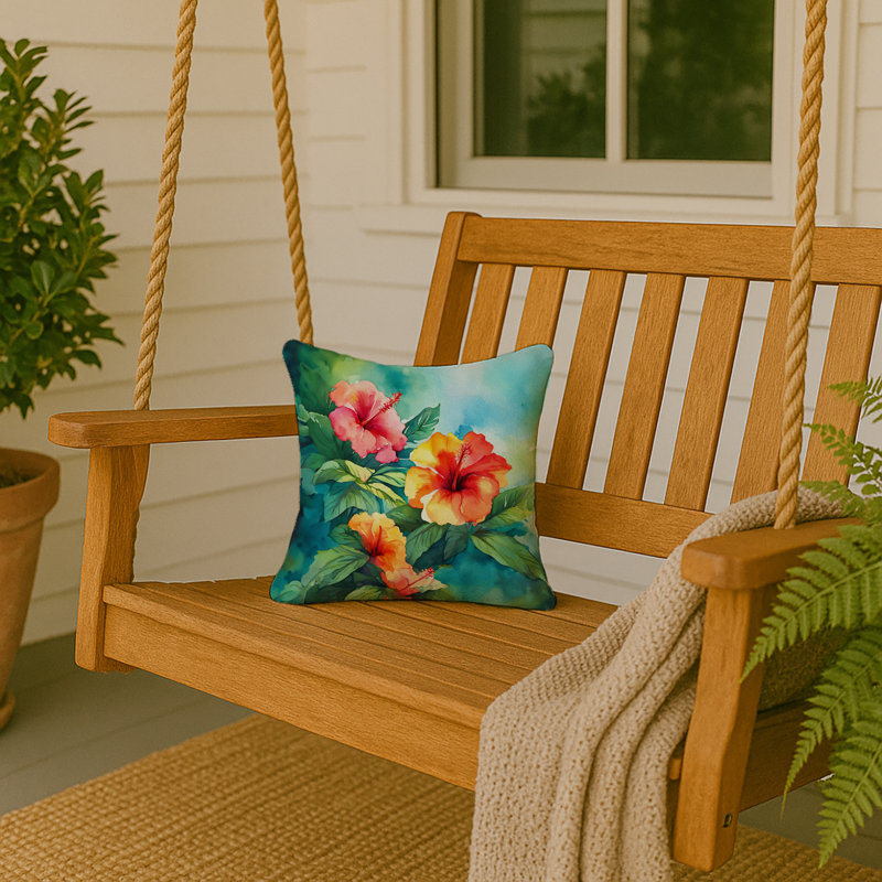 Coussin Hawaii, Hibiscus à l'aquarelle, Carré 14 po