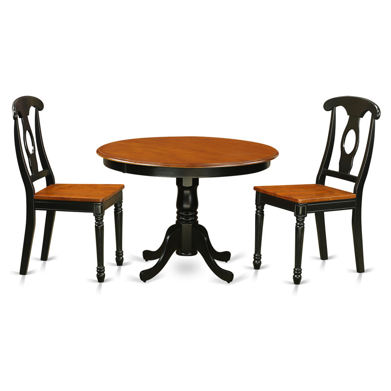 3 Piece Dining Room Furniture Set Contains a Round Dining Table with Pedestal and 2 Wood Seat Chairs, Black & Cherry, Wood