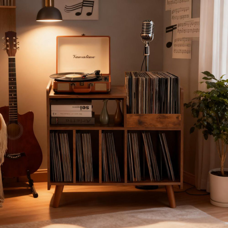 Grande armoire pour tourne-disque avec rangement ouvert en vinyle, console média, Brun rustique
