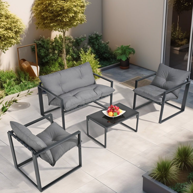 Ensemble de conversation de patio 4 pièces en métal avec coussins gris, Gris, Noir