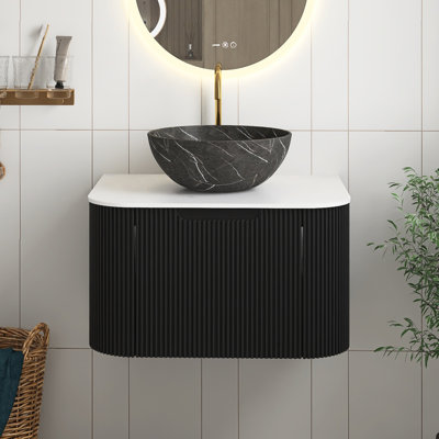Black 24 Inch Bathroom Vanity With Sink, Wall-Mounted Floating Curved Edges Striped Bathroom Storage Cabinet With Drawer, Black Bowl Ceramic Basin With Stone Pattern, Pre-Assembled