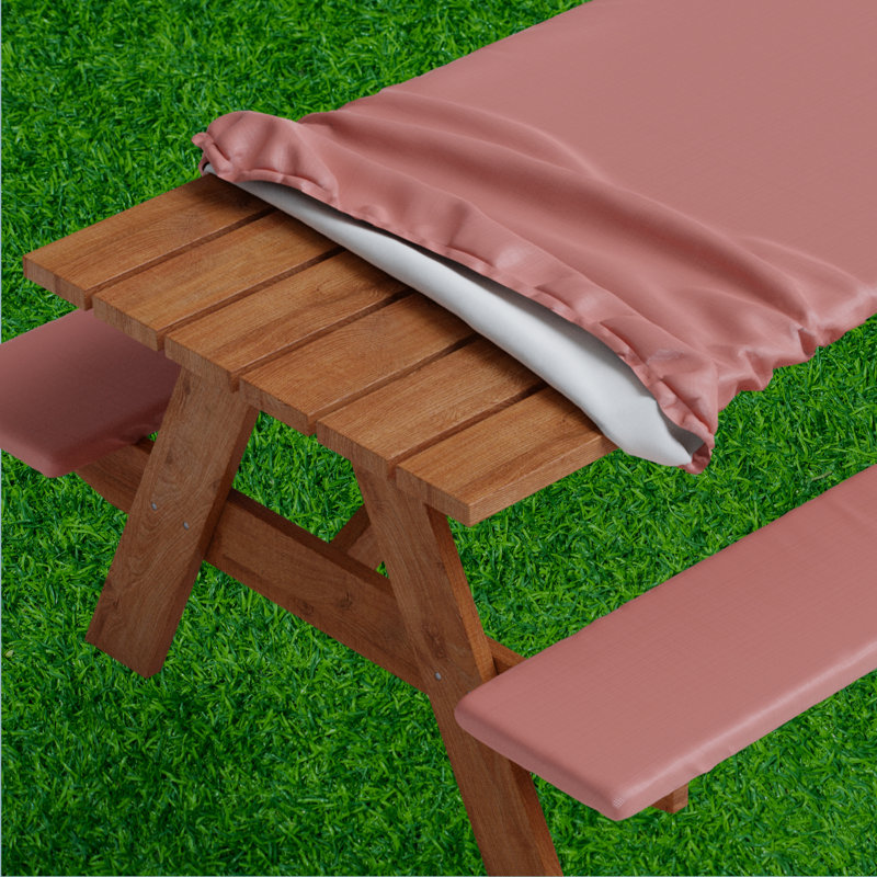 Roudebush Picnic Table And Bench Fitted Tablecloth Cover, Solid Design, Flannel Backed Lining, 30 Inch, 3-Piece Set, Burgundy