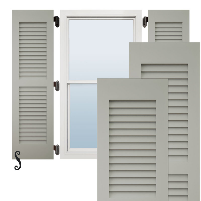 Volets extérieurs Americraft à deux persiennes égales en bois véritable (par paire), 45,7 cm (L) x 205,7 cm (H), avec capuchons de volets en aluminium, gris grêle