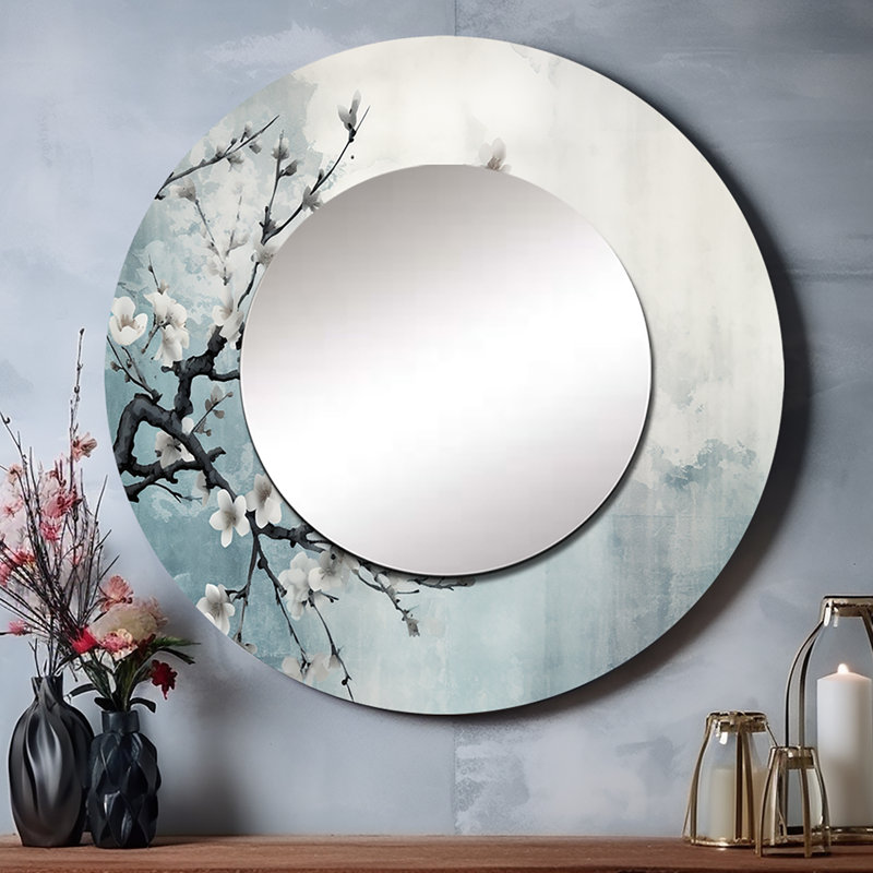 Asian Art Sumi Bird Serenity XII - Asian Art Large Wall Mirror, Global Round Unique Mirror, Printed Metal Art, 23" x 23"
