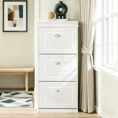 Shoe Cabinet Tall Narrow Entryway Shoe Storage Cabinet 3 Drawers Flip-Down Shoe Organizer for Entryway Storage Small Space,White,20.9"W x 9.4"D x 46.1"H
