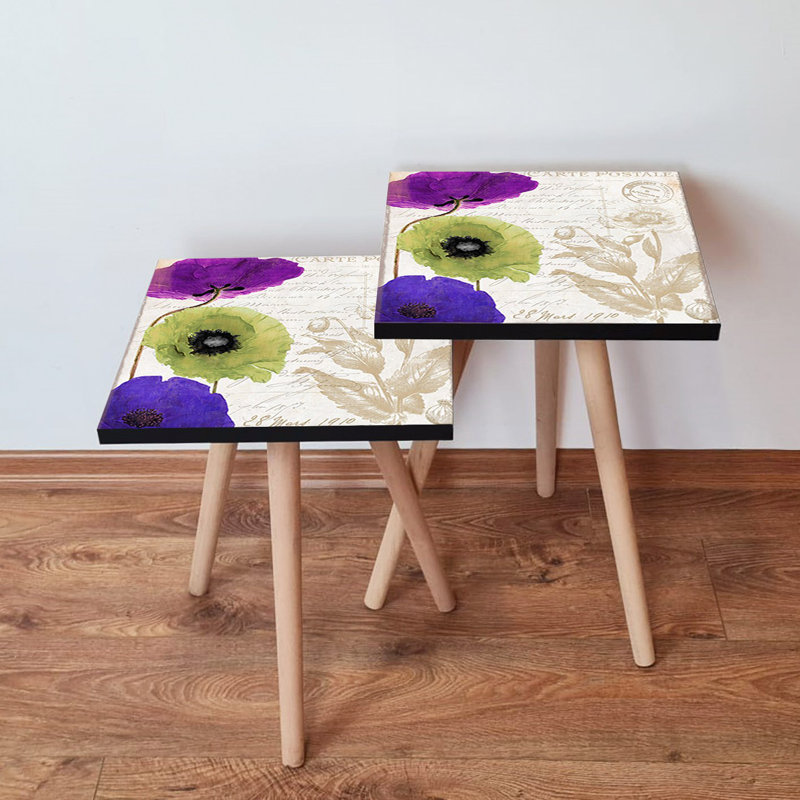 Modern Nesting Table Set (2 Pieces), Beech Wood Legs, 13.8 x 18.5 x 13.8 inches & 13.8 x 16.5 x 13.8 inches | 100% MDF with 0.7-inch Thickness | Stylish Floral Design for Living Room & Home Décor, Space-Saving Solution