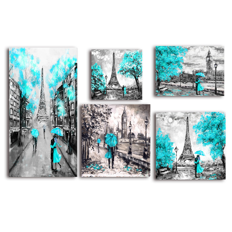 Ensemble de 5 reproductions de toiles traditionnelles sur toile en turquoise paris london collection
