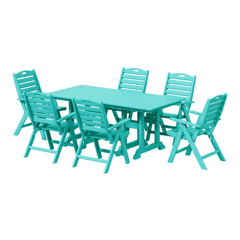Laguna 7-Piece Rectangular Table Folding Highback Chair Dining Set, Turquoise