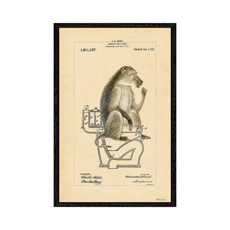 Monkey In Bowl - Print on Canvas, 66.04cm H x 45.72cm W x 3.81cm D, Black Floater Framed