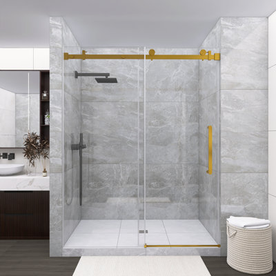 Brushed Gold Frameless Single Sliding Shower Door 56-60"W X 76"H, 6mm Clear Tempered Glass With Explosion-Proof Film, Square Tube Track & Stainless Steel Handle