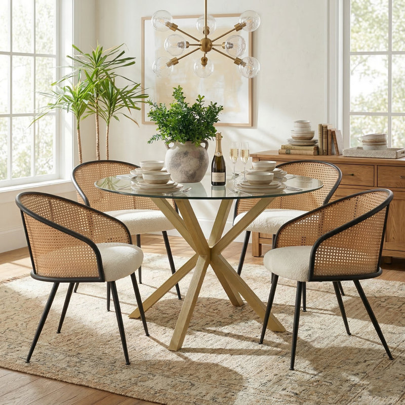 4 - Person Dining Table Sets With 39'' Round Table & 4 Upholstered Boucle Armchairs, White/Oak