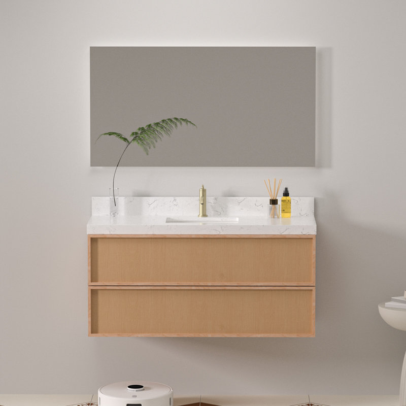 48" Modern Wall Mounted Single Bathroom Vanity with Engineered Stone Top, Soft Close Drawers
