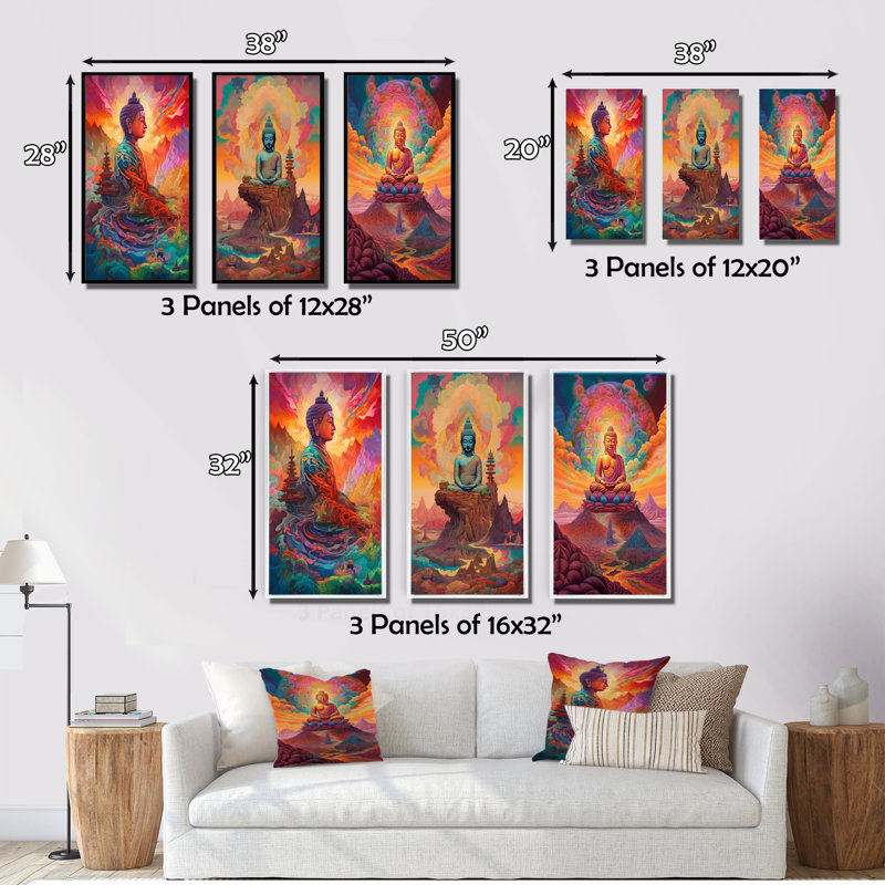 "Bouddha psychédélique dans les montagnes IV", 3 pièces sur toile, Cadre blanc, H 60 po x l 40 po