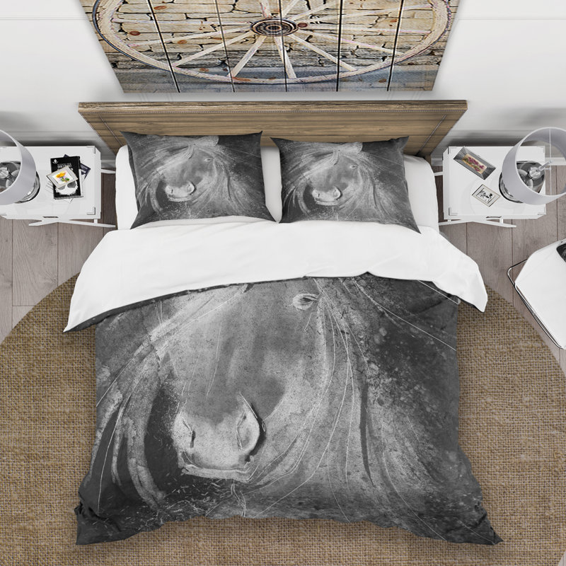 Ensemble de housse de couette Farmhouse Horse Animals - Microfibre de polyester, Blanc/noir