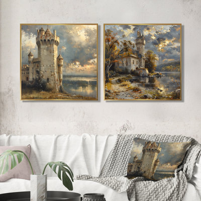 Beige Grey Summer Turreted Tower Castle I - Castles Wall Decor - Traditional Wall Art 2 Piece