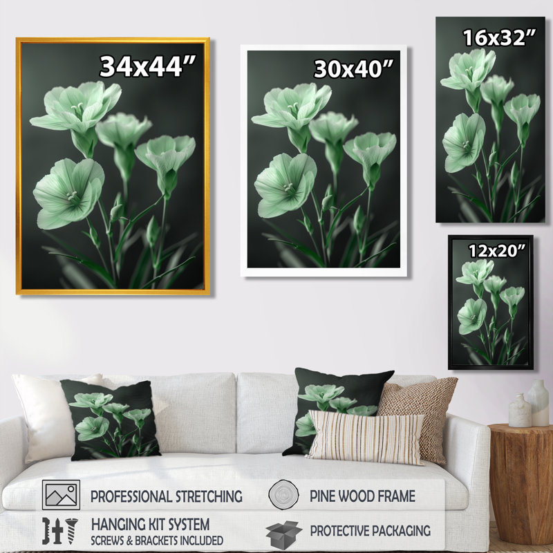 «Monocrhome Green Greey Romantic Carnations Glow», reproduction d'art mural, Toile avec cadre flottant noir