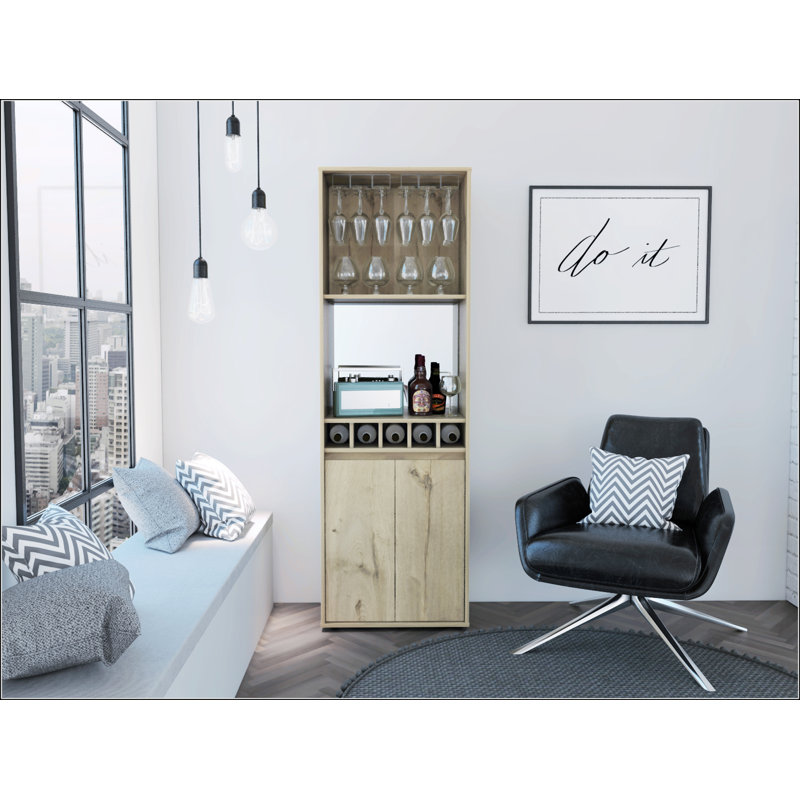 Light Oak 5-Bottle 2-Shelf Bar Cabinet