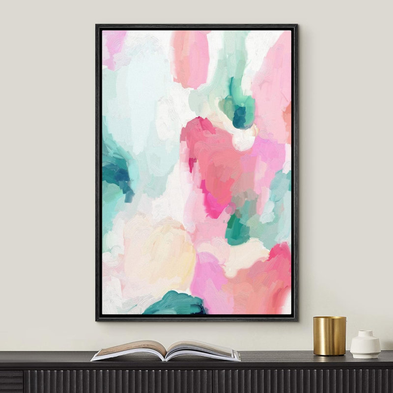 Peinture abstraite rose pastel, vert et jaune, Noir, H 36 po x l 24 po x P 1,5 po