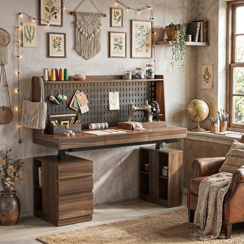 Bureau électrique à hauteur ajustable avec panneau perforé, multiprise, plateau à clavier, 3 tiroirs et tablettes ouvertes