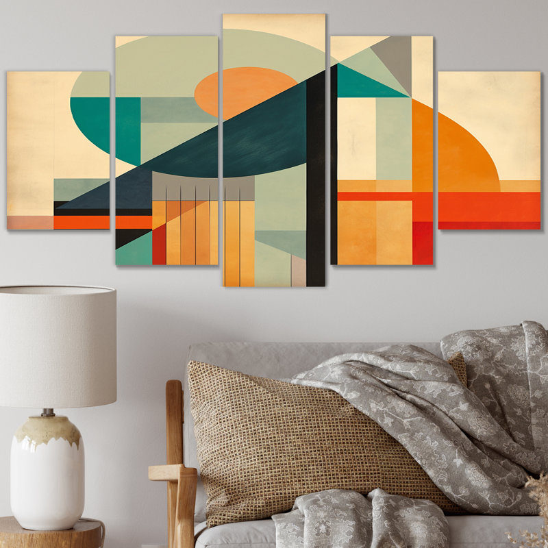 Pleine lune symphonique Mid-Century abstraite III - salon d'art moderne Mid-Century - 5 panneaux