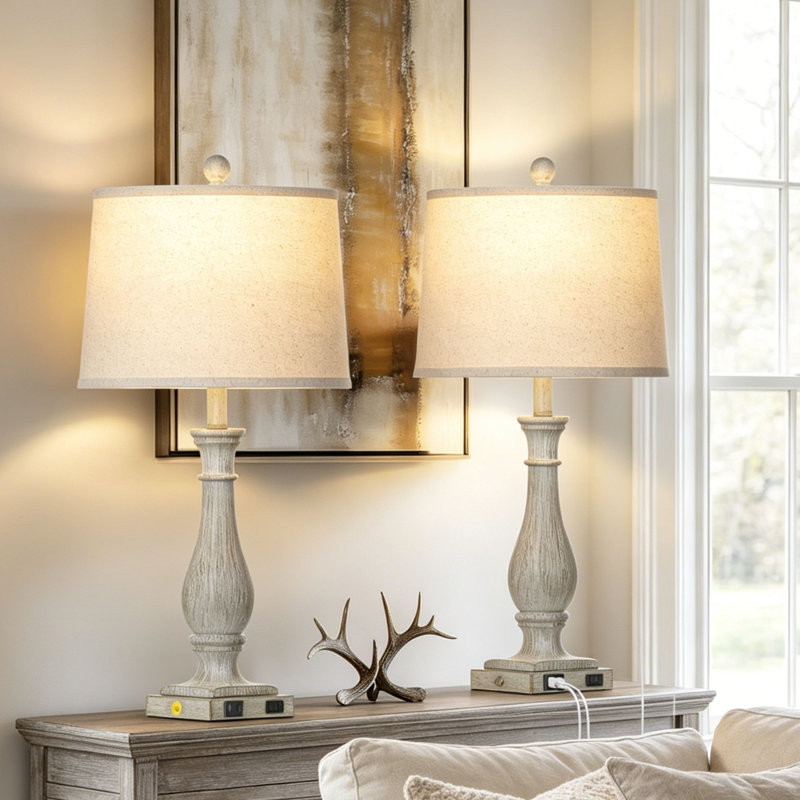 27.5” Rustic Dimmable Bedside Table Lamps with Dual USB Ports & LED Bulbs, Gray