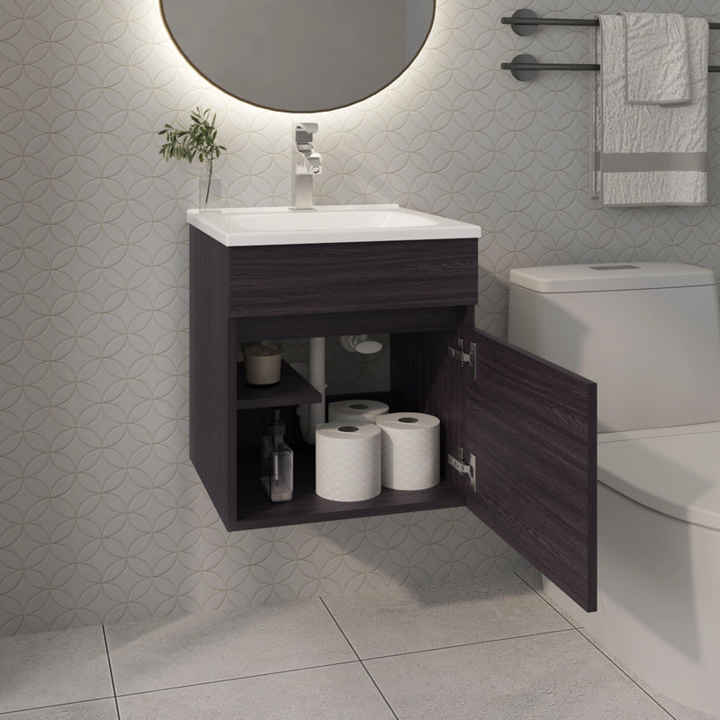 Meuble-lavabo flottant pour salle de bain avec lavabo et 1 porte, Noir