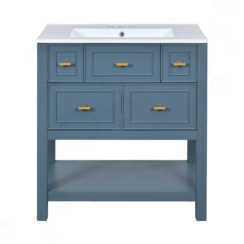 Ensemble de meuble-lavabo à 5 tiroirs avec lavabo en céramique, Bleu