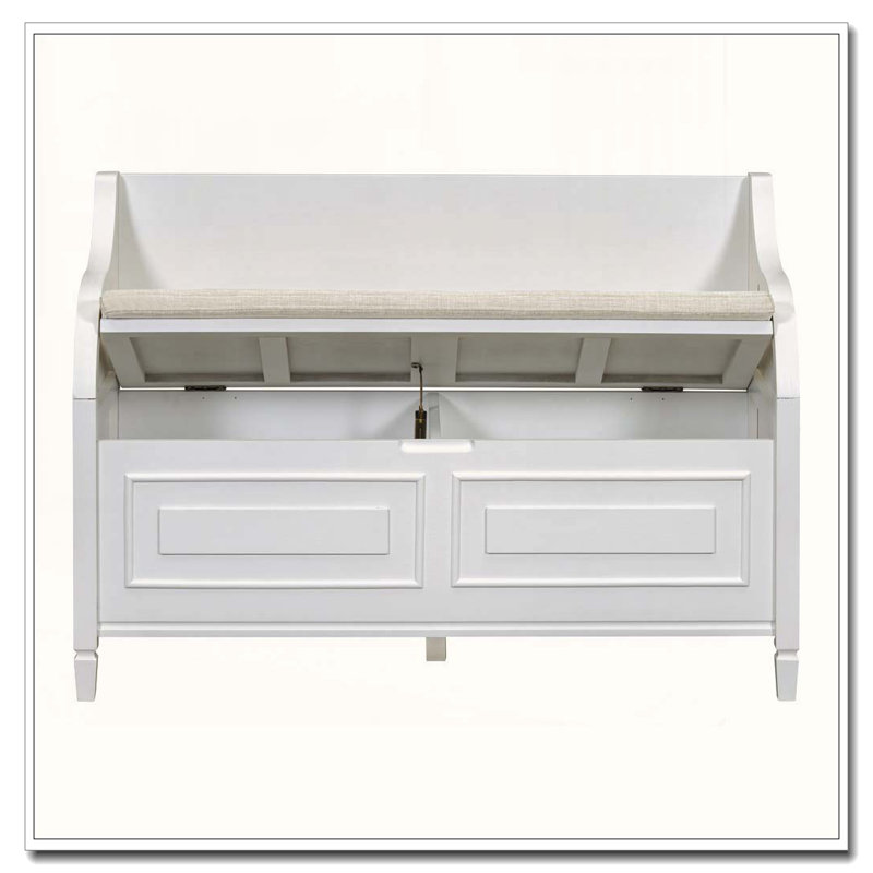 Banc de rangement en bois massif rustique avec charnière de sécurité et coussin amovible, Blanc